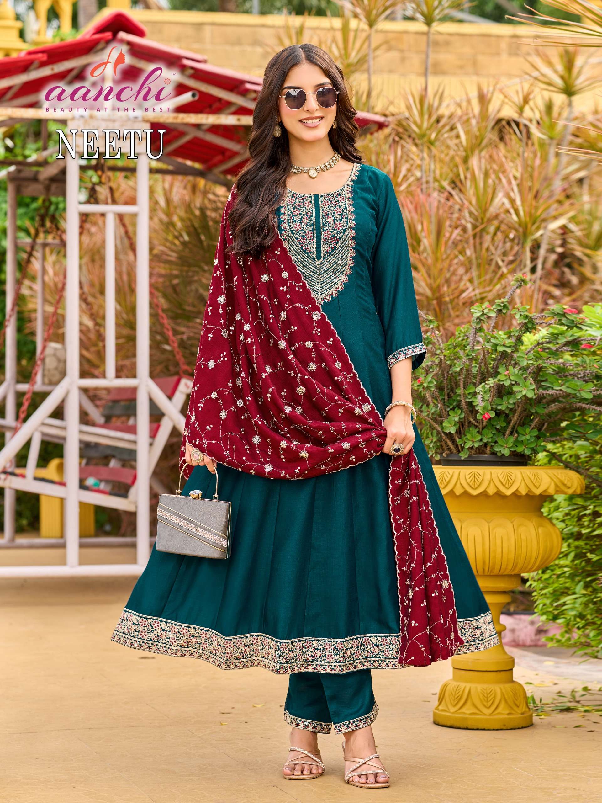 AANCHI NEETU BRANDED VICHITRA SHIMMER ANARKALI TYPE READYMADE SUIT SUPPLIER